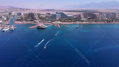 Eilat Shorline with Marina Boats Hotels and landscape Aerial