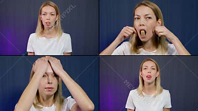 Adult woman is doing self-massage and fitness for face, collage of portraits