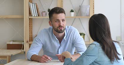 Businessman job seeker apply for vacancy talk with hr manager