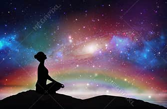 Mountain girl silhouette, meditation under stars