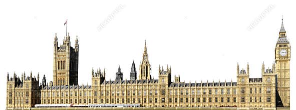 Houses of Parliament, or Westminster Palace, with Big Ben tower London, UK isolated on white background
