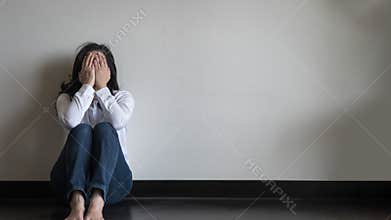 Panic attack woman, stressful depressed emotional person with anxiety disorder mental health illness, headache and migraine