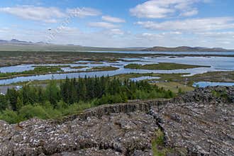 Iceland Landscape View of Fields, Vegatation, Montains, Lakes, Rivers, - Europe
