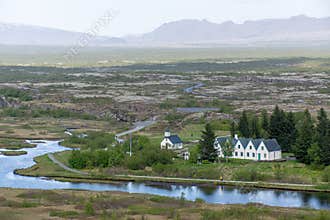 Iceland Landscape View of Fields, Vegatation, Montains, Lakes, Rivers, - Europe