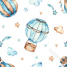 Watercolor seamless boho pattern for boys with hot air balloons, stars, clouds on a white background