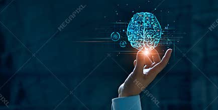 Hand touching brain of AI, Symbolic, Machine learning, artificial intelligence of futuristic technology. AI network of brain