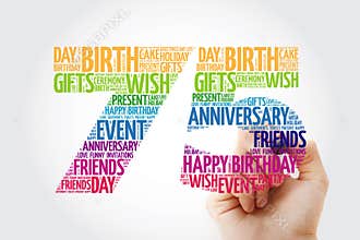 Happy 75th birthday word cloud collage concept with marker