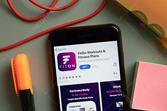 New York, USA - 29 September 2020: FitOn Workouts and Fitness Plans mobile app logo on phone screen close up, Illustrative