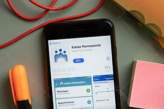 New York, USA - 29 September 2020: Kaiser Permanente mobile app logo on phone screen close up, Illustrative Editorial