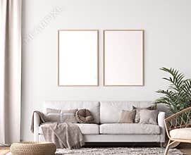 Frame mockup in living room design, two wooden frames in Scandinavian interior