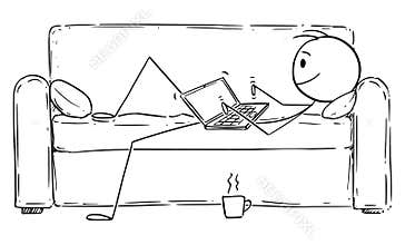 Vector Cartoon Illustration of Man or Businessman Lying on Couch or Sofa and Working or Typing on Computer. Concept of