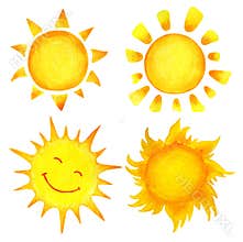 Set of cartoon watercolor sun. Children`s illustration of a hand-drawn sun.