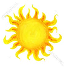 Sun cartoon watercolor. Children`s illustration of the sun drawn by hand.