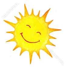 Sun cartoon watercolor. Children`s illustration of the sun drawn by hand.