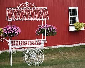 Beautiful Hanging Baskets Hanging Off White Cart, Red Barn