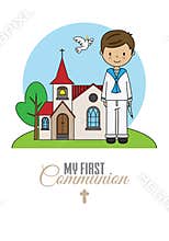 First communion card. Boy with a crucifix