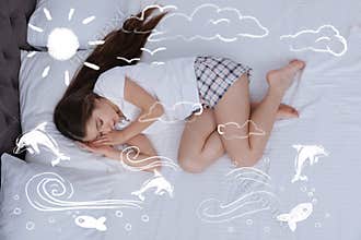 Sweet dreams. Cute girl sleeping. Sun, clouds, dolphins and other illustrations on foreground