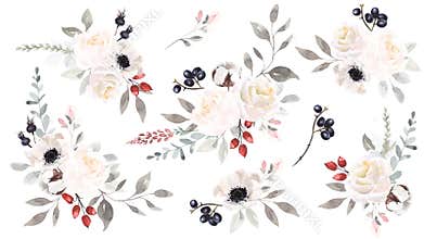Big set of watercolor flowers bouquets