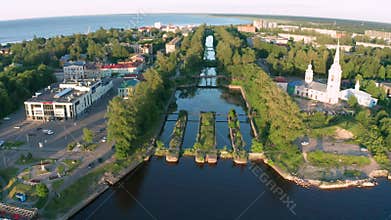 A view of the ruins of ancient gateways at the entrance of the Staroladozhsky Canal in Shlisselburg, Leningrad, Russia