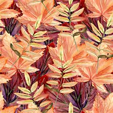 Watercolor hand painted seamless pattern with autumn leaves and branches.