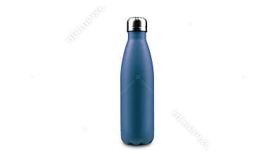 Stop motion concept. Reusable steel thermo water bottles isolated on white background. Lush Lava, Aqua Menthe, Phantom Blue colors