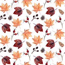 Watercolor hand painted seamless pattern with autumn leaves, alder branches, cones and rose hip beries on white background.