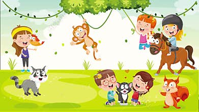 Happy Children Playing With Funny Animals