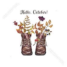Autumn boots with flowers and leaves. Watercolor fall floral shoes illustration