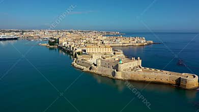 Siracusa, Ortigia Island from the air, Sicily, Italy. Isola di Ortigia, coast of Ortigia island at city of Syracuse, Sicily, Italy