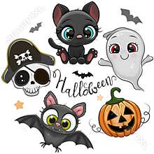 Halloween illustrations and design elements with batl, black cat and goat