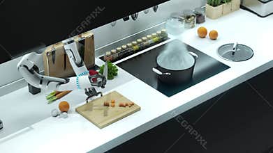 Robotic hands prepare soup. Cut the mark, throw it into boiling water.
