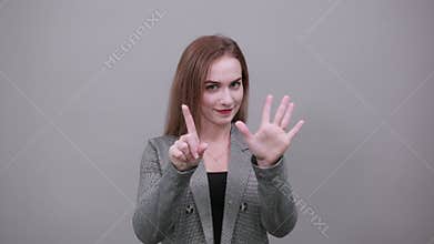 Showing 6 six fingers hand gesture, show number three with hands, pointing up