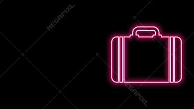 Glowing neon line Suitcase for travel icon isolated on black background. Traveling baggage sign. Travel luggage icon. 4K