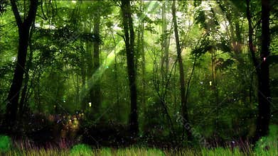 Enchanted deep forest with flying bugs and fairies.