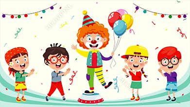 Children Having Fun With Cute Clown