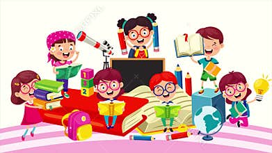 Happy School Children Studying And Learning