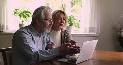 Happy married elderly couple using laptop sit at table indoor