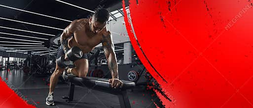 The male athlete training hard in the gym. Fitness and healthy lifestyle concept. Flyer.