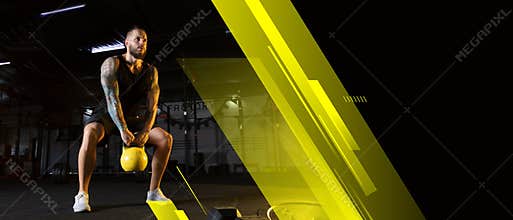 The male athlete training hard in the gym. Fitness and healthy lifestyle concept. Flyer.