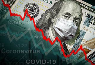 COVID-19 impacts to business: dollar money, mask and graph of stock market recession during coronavirus pandemic