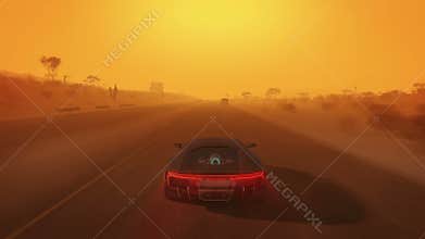 3D Fake Video game. Driving a car across the desert during a sandstorm