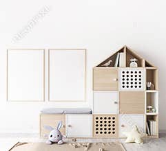 Mock up poster frame in children room, two frames in wooden farmhouse style