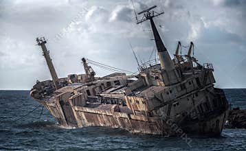 Cyprus, Paphos. Shipwreck. The ship crashed on the coastal rocks.