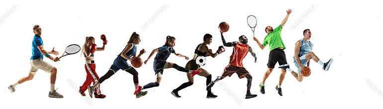 Sport collage of professional athletes or players isolated on white background, flyer