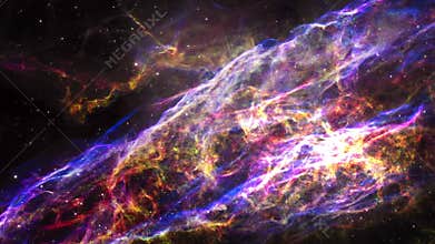 Space flight flying into the The Veil Nebula or Cygnus Loop or NGC 6960 or The Witch`s Broom Nebula.