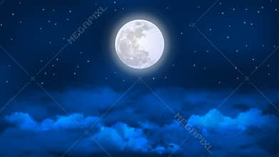 Vector Bright Full Moon and Stars in Cloudy Blue Night Sky