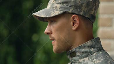Stressed young soldier thinking problem, posttraumatic disorder, mental health