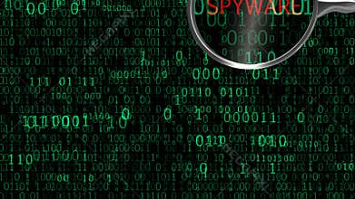 Spyware adware under digital magnifying glass, anti-virus finds malicious app