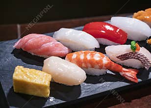 Sushi set on wooden plate Food model Japanese Restaurant
