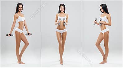 Sporty, fit and healthy female body in fitness collage. Young women in swimsuits isolated on white.